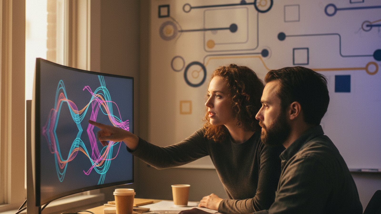 Two engineers intently collaborate, reviewing complex proration logic on a large monitor, crafting a robust Stripe API solution.