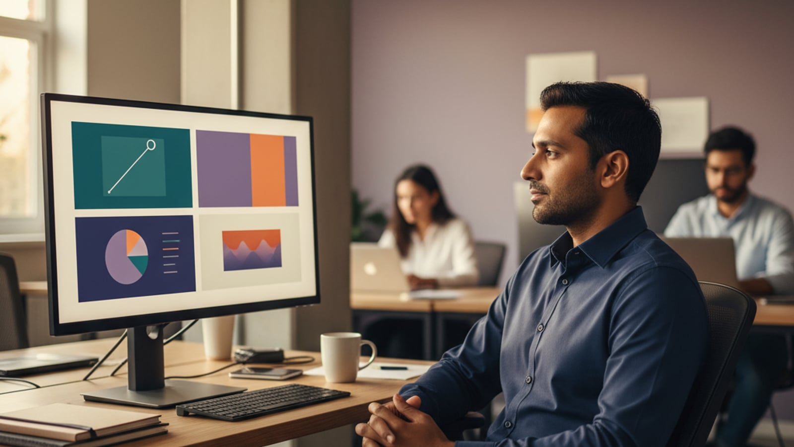 A confident CTO reviews a clear, color-blocked dashboard on a large monitor, reflecting accurate Stripe subscription billing and financial clarity.