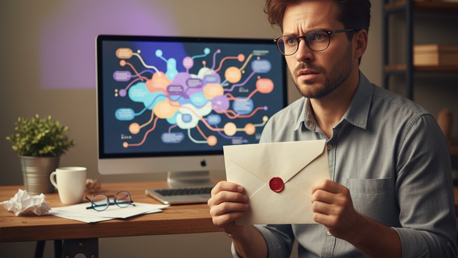A stressed CTO holds an official envelope, laptop screen behind shows abstract financial data. The challenge of stripe tax multi jurisdiction saas.