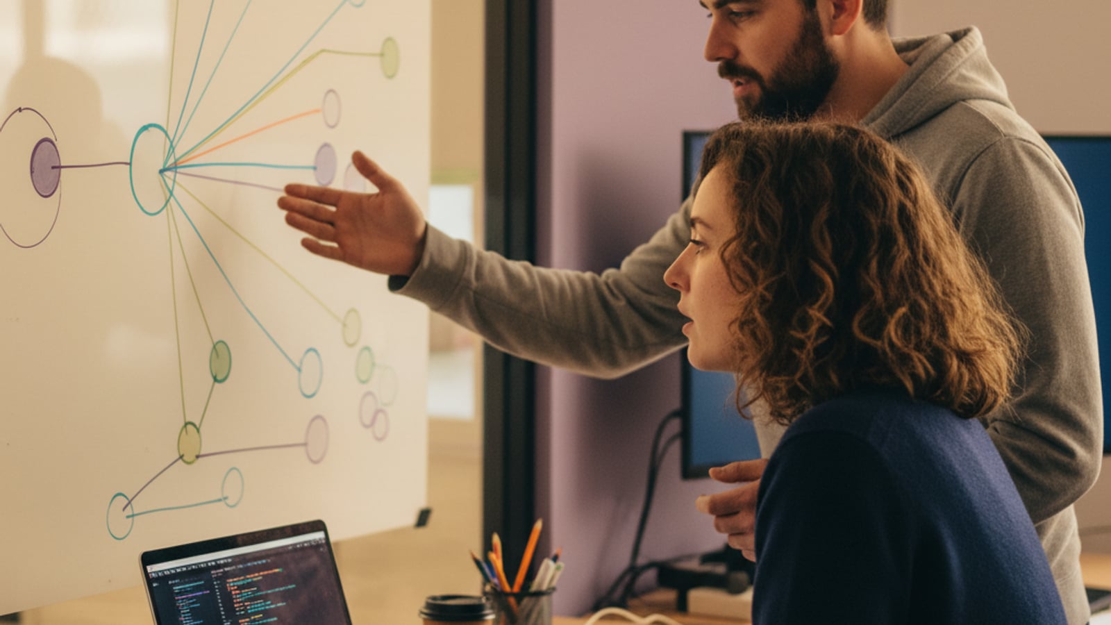 Two engineers collaborate, one at a laptop with abstract code, the other at a whiteboard with colorful shapes. Shows the integration of stripe tax multi jurisdiction saas.