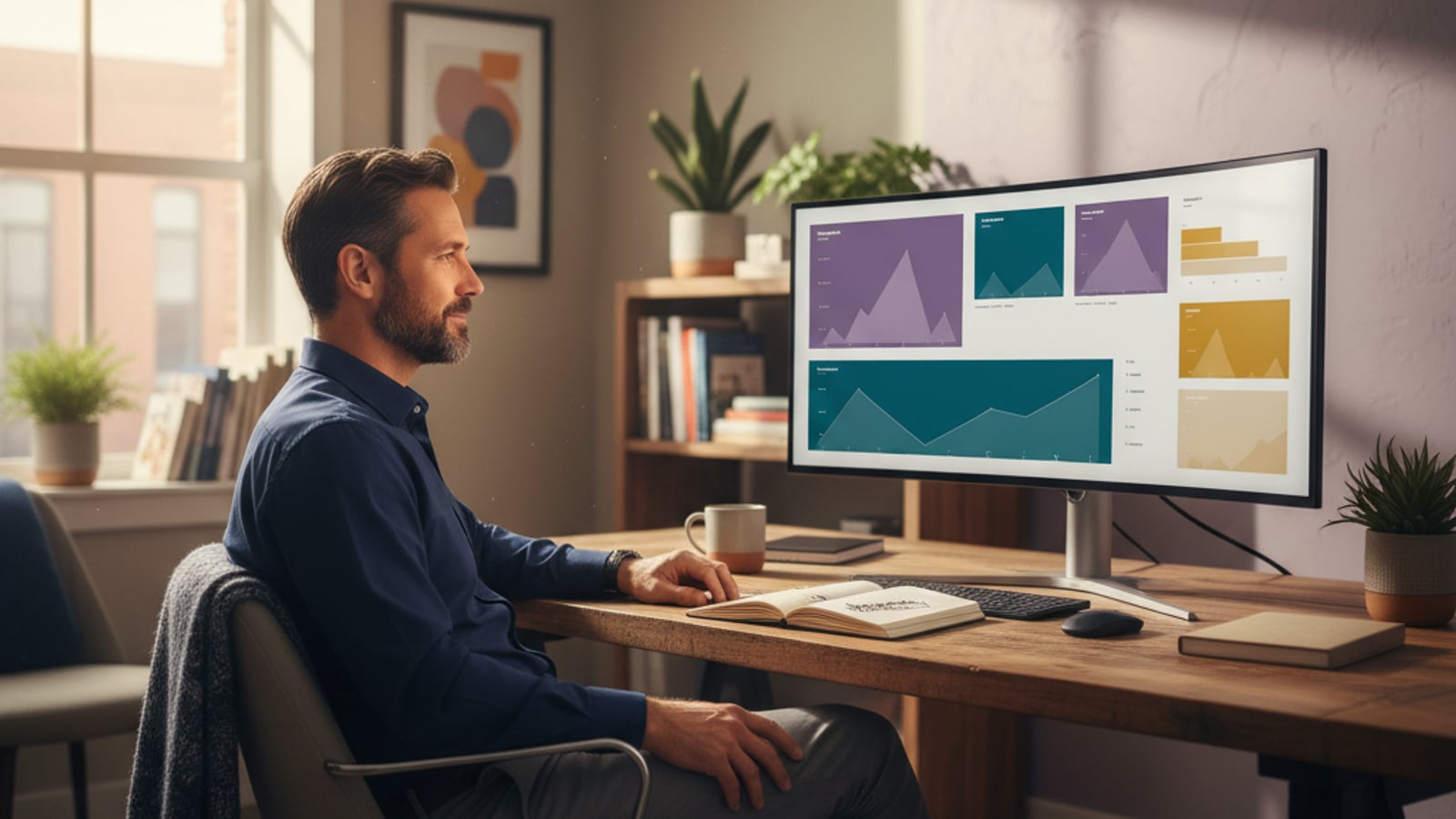 A calm finance lead smiles, looking at a clean, color-blocked dashboard on a monitor, reflecting control over stripe tax multi jurisdiction saas.
