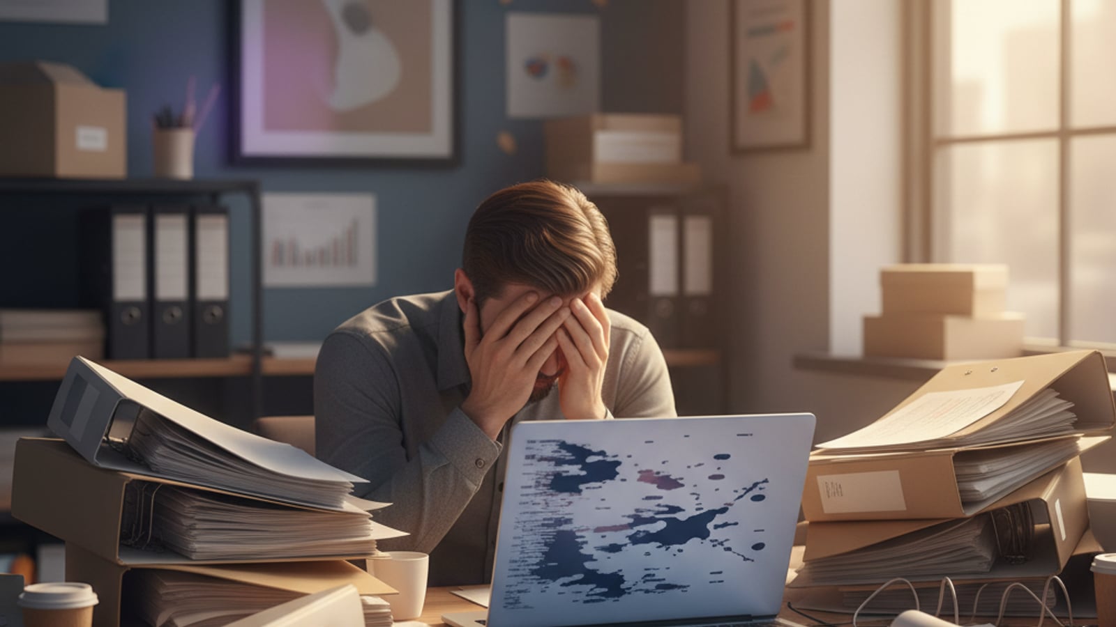 A frustrated CTO at a desk, head in hands, facing a messy screen of log data, burdened by compliance and the lack of a proper tenant audit log.