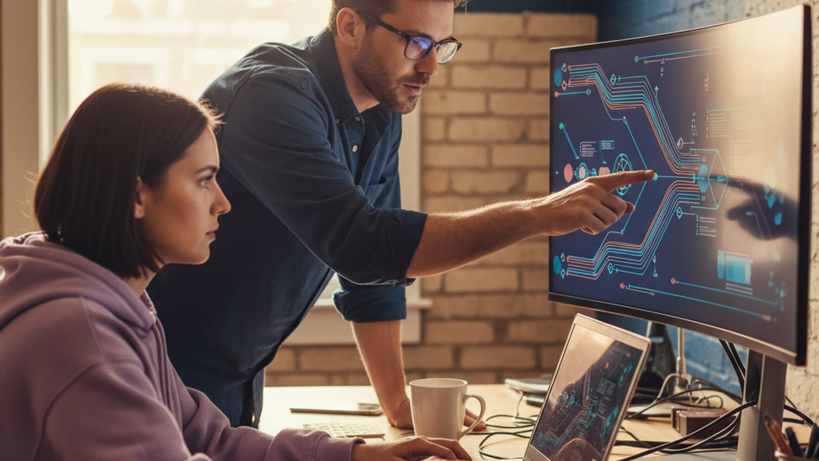 Engineers collaborate on a monitor displaying abstract data flow diagrams, building a robust tenant audit log system for security compliance.