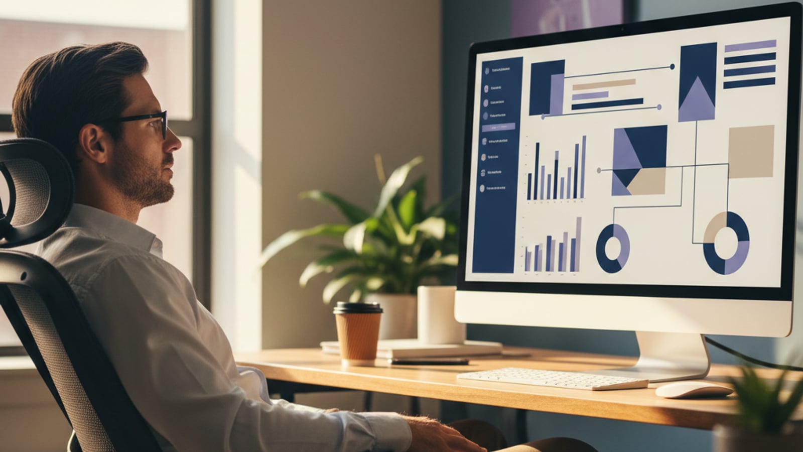 A confident CTO in a calm office, viewing a monitor with a clean, color-blocked dashboard of organized tenant audit log data.