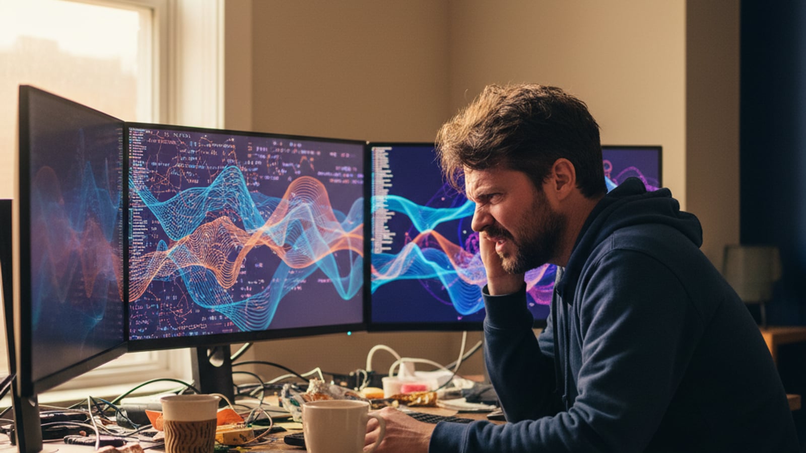 A frustrated developer stares at a chaotic screen filled with abstract, repeated data points, grappling with webhook delivery idempotency challenges.