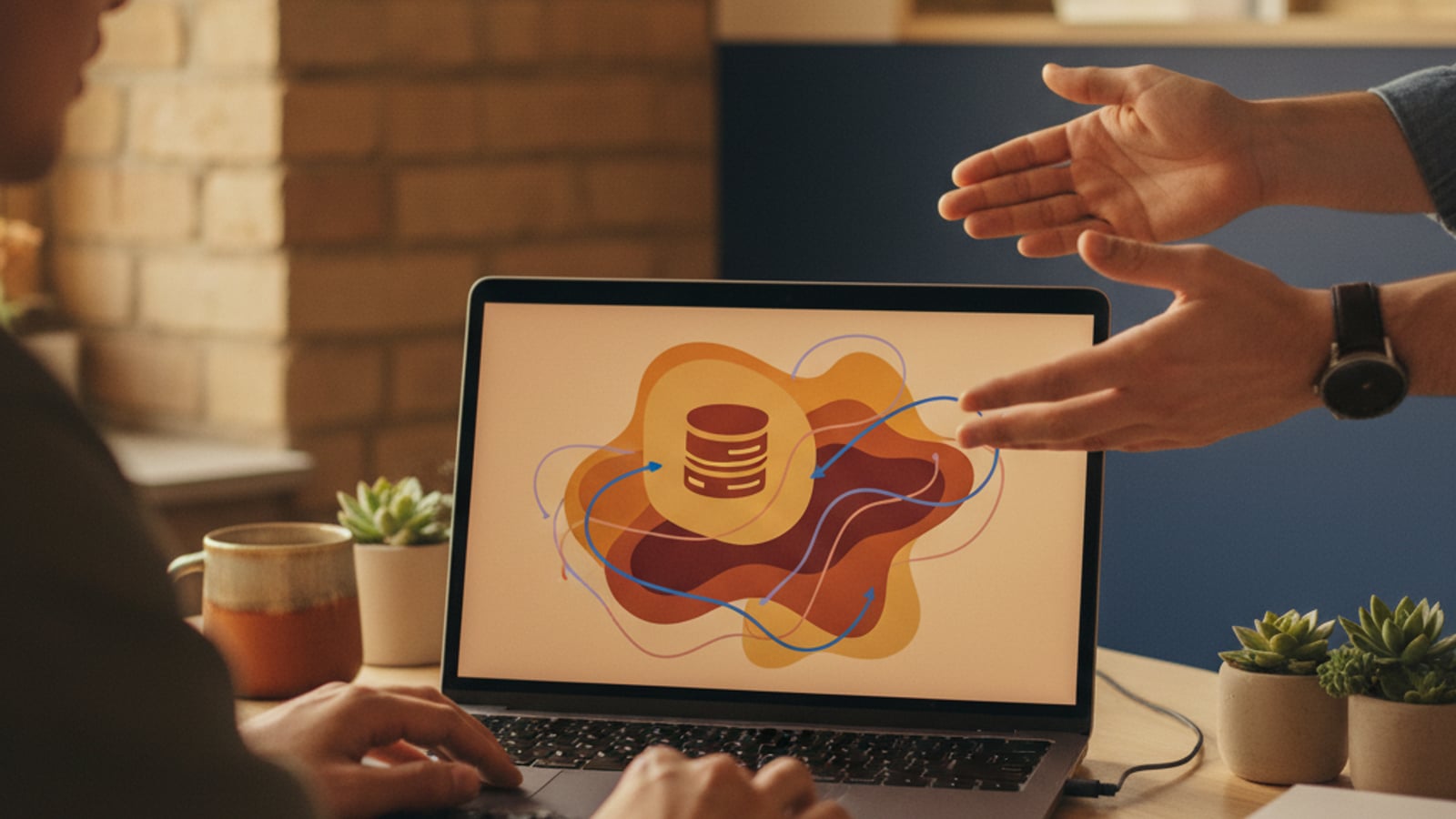 An engineer's hands type on a keyboard, with abstract database schema shapes on a screen, implementing a Postgres dedup table for webhook idempotency.