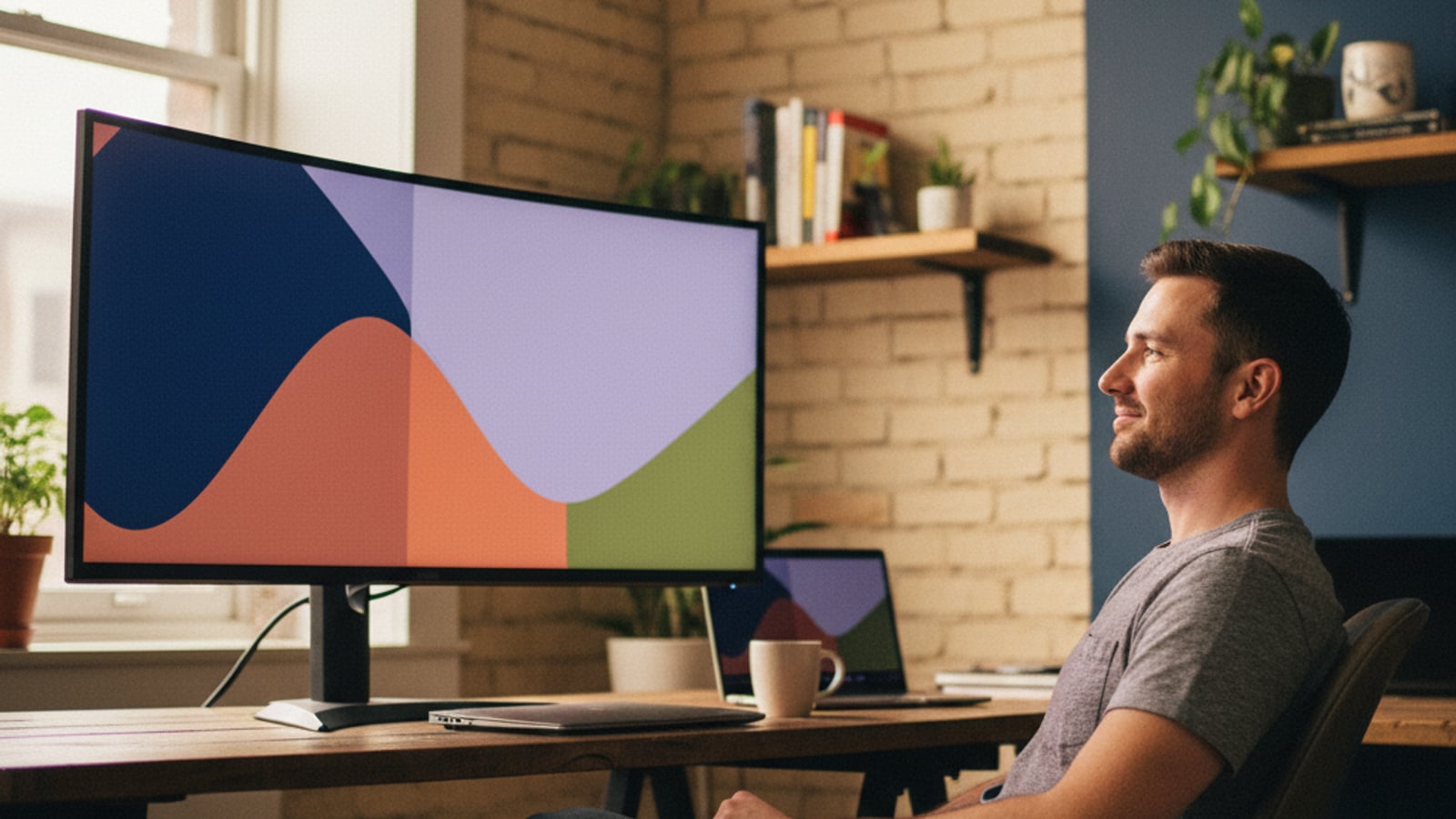A content developer gazes at a clean, color-blocked dashboard, showing consistent data, a direct outcome of robust webhook idempotency.