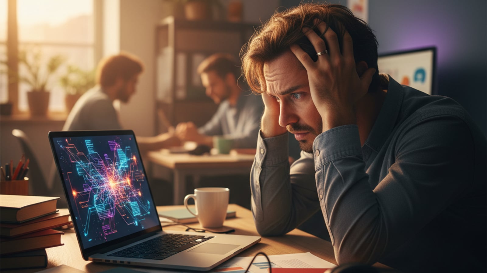Stressed CTO views screen with chaotic, glowing digital connections, symbolizing complex Zapier workflows, needing strangler fig migration.