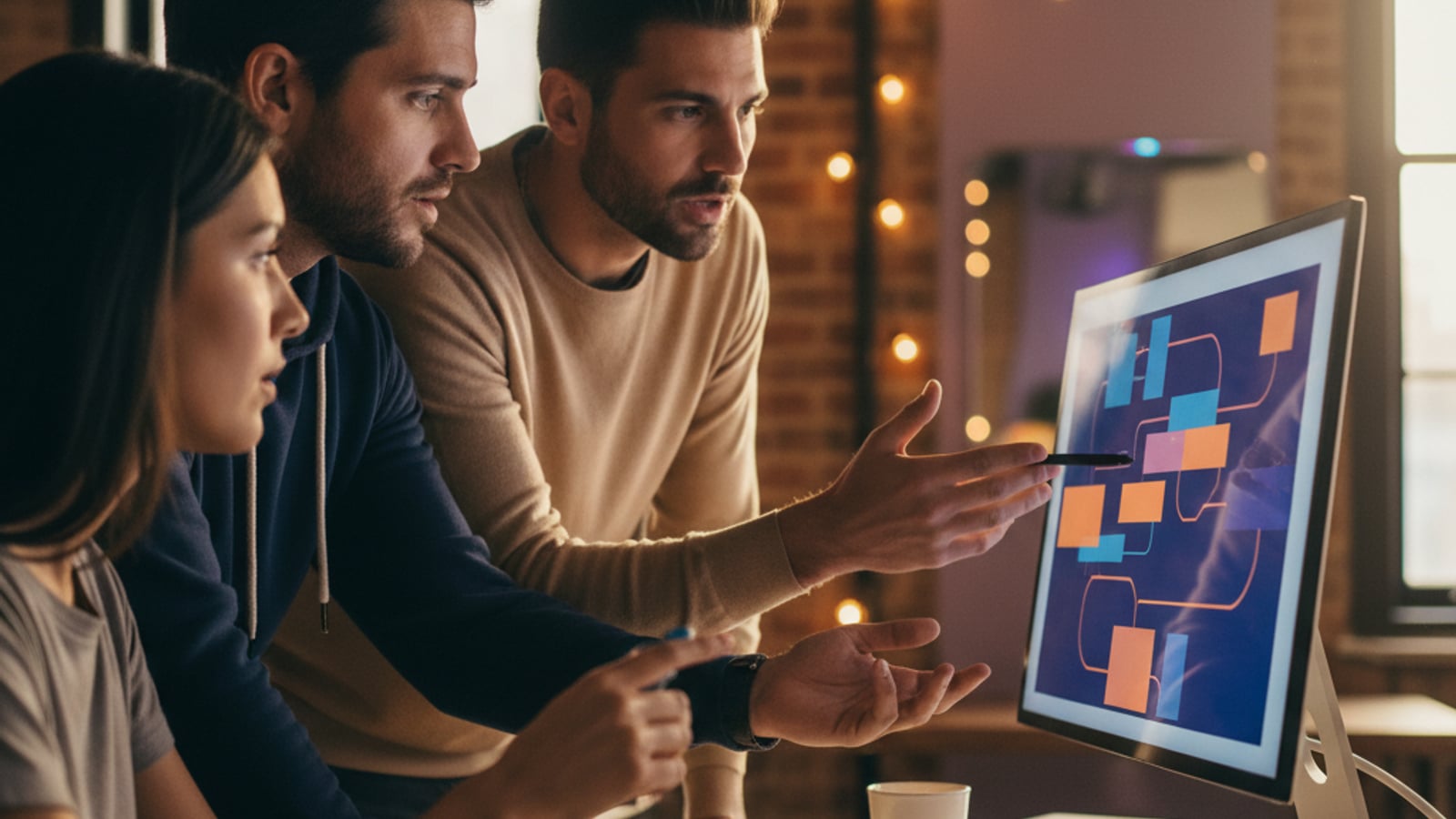 Engineers collaborate around a monitor showing abstract flow diagrams, planning a Zapier strangler fig migration to custom code.