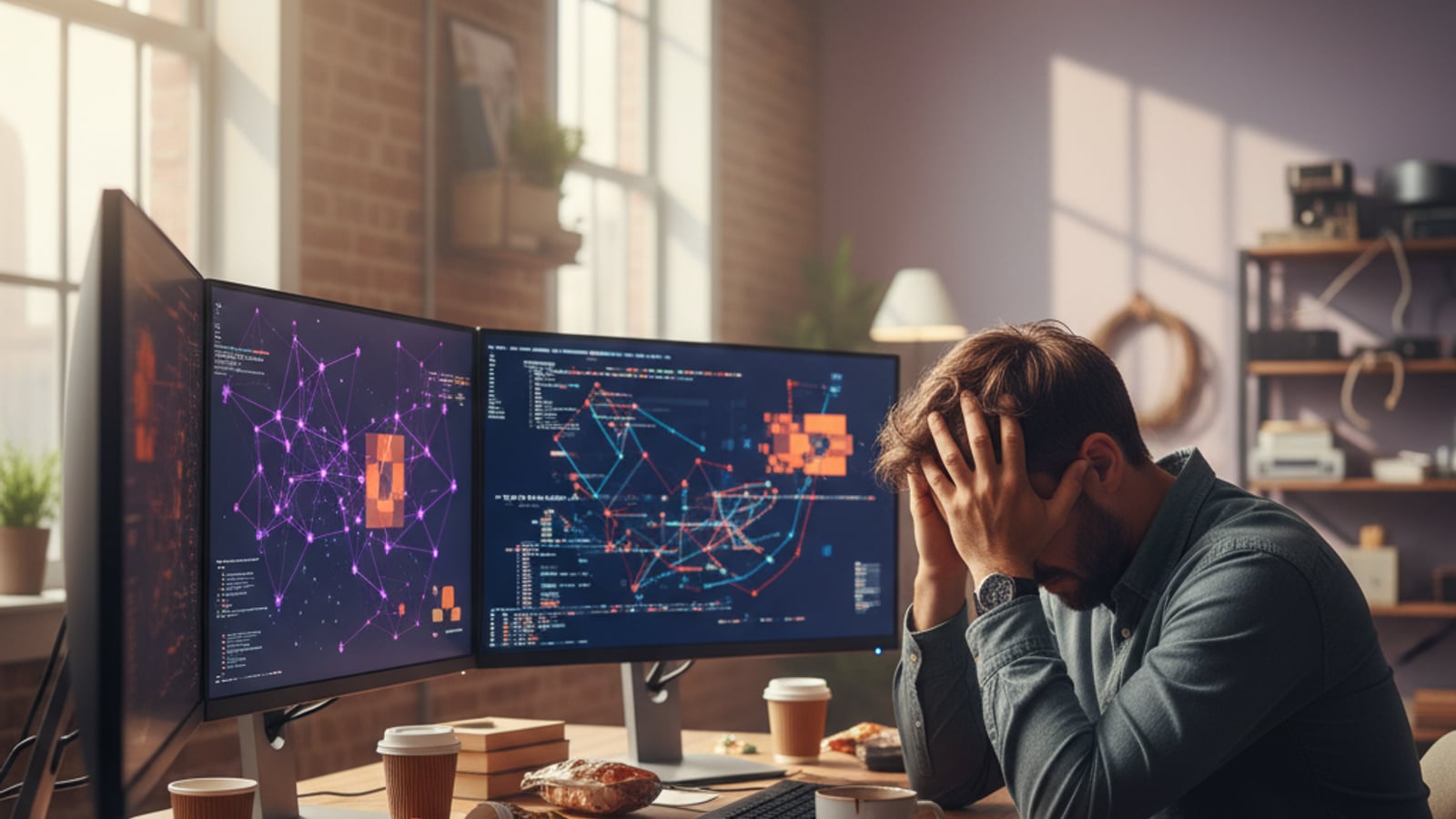 A lone, frustrated founder at a cluttered desk, overwhelmed by complex, tangled data on multiple screens, facing a critical saas architecture audit.