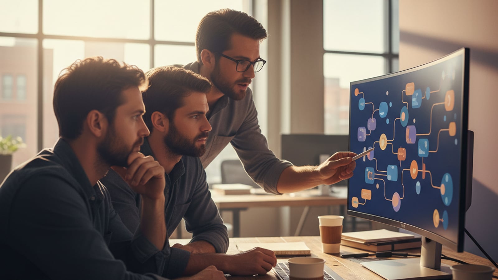 Engineers and a founder intensely study a colorful, abstract system diagram on a large monitor, performing a detailed saas architecture audit.