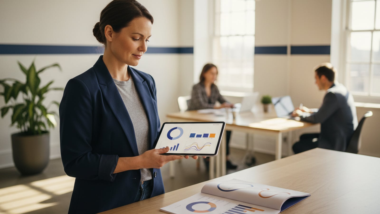 A confident founder reviews a clean, color-blocked dashboard on a tablet, showing clarity and control after a saas architecture audit.