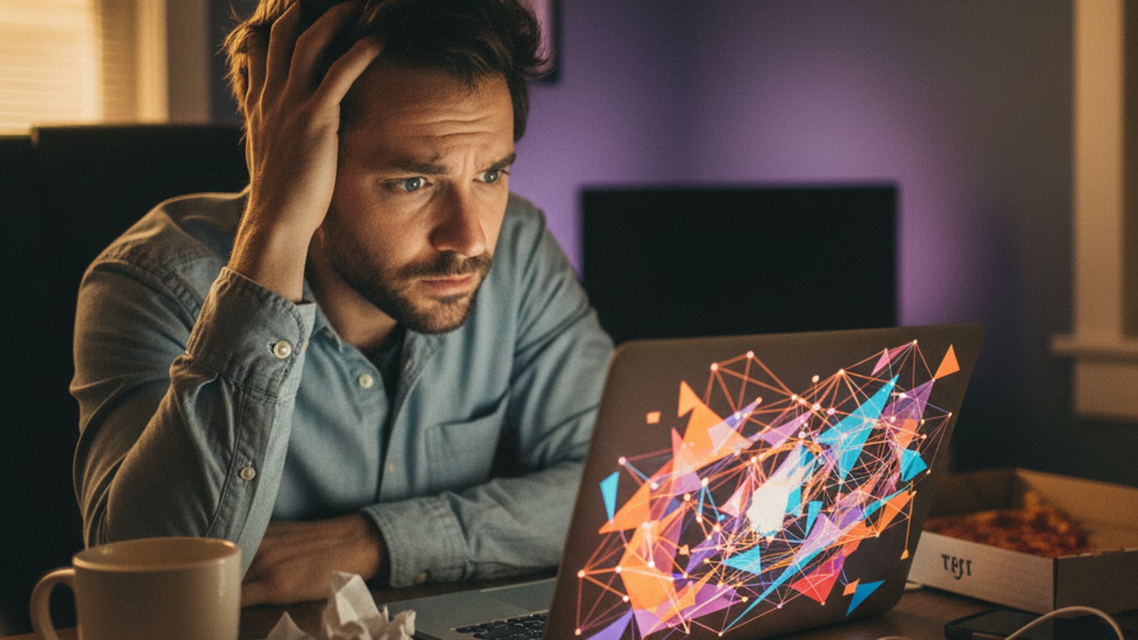 A stressed AI SaaS founder, late at night, stares at a laptop showing chaotic data, reflecting hidden issues in their AI product architecture audit.