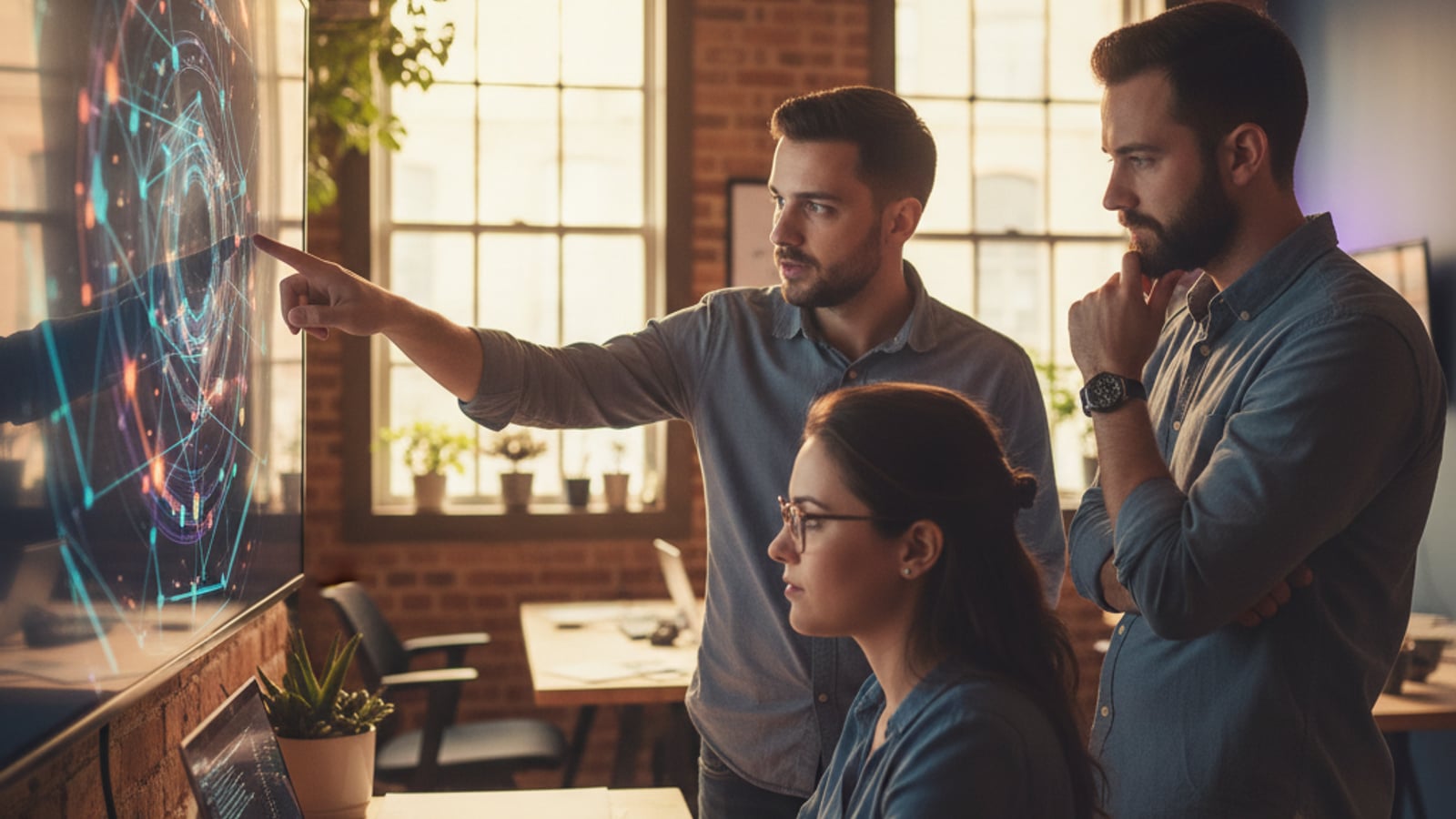 A small team of engineers collaborates intensely, analyzing abstract flow diagrams on a large monitor during an architecture audit for AI SaaS products.