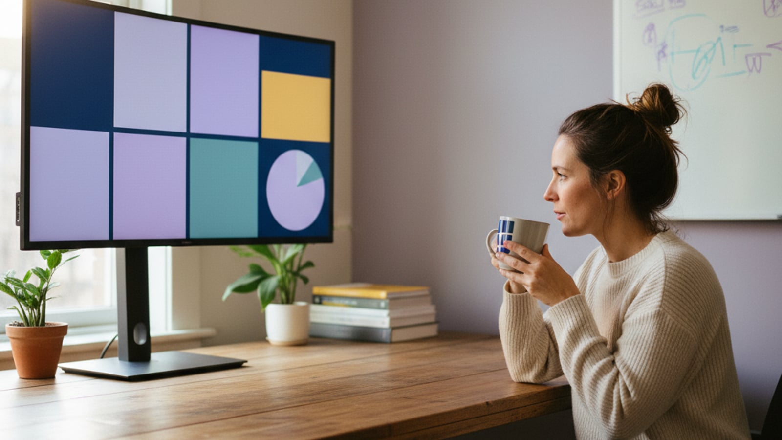 A calm AI SaaS founder sips coffee, confidently viewing a clean, organized dashboard, reflecting success after an architecture audit for AI SaaS products.