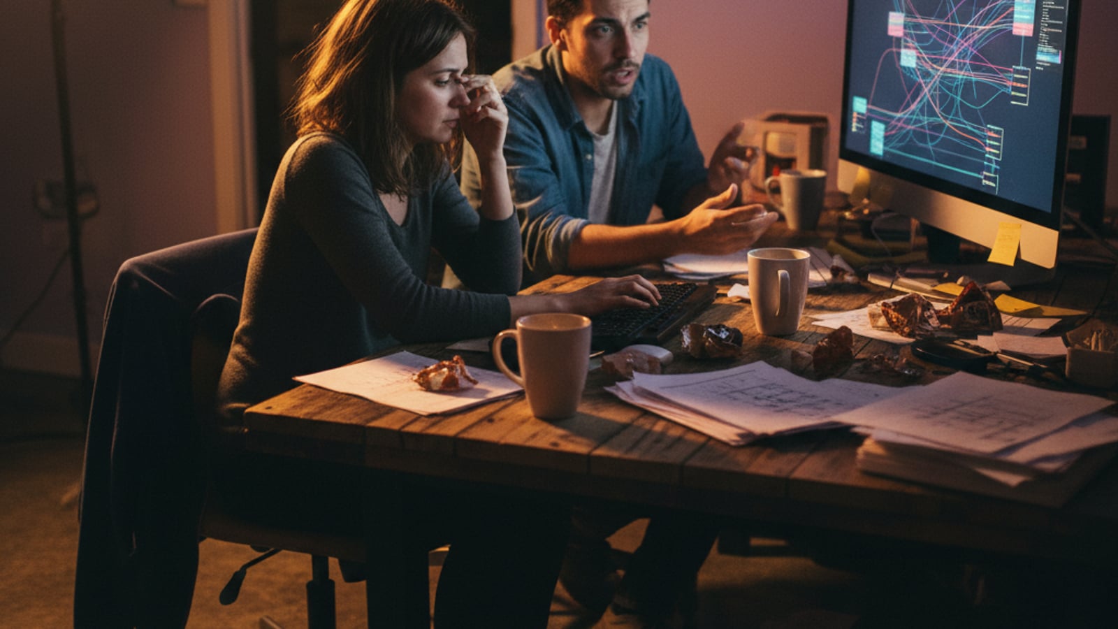 A stressed startup founder and engineer review a complex data flow on a monitor, grappling with potential HIPAA breach risks in their telehealth SaaS.