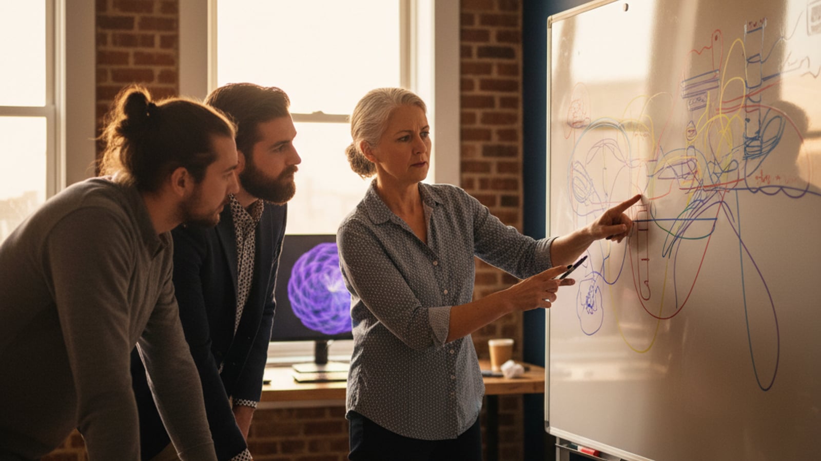 A senior engineer and CTO collaborate, tracing abstract data flows on a whiteboard during a thorough architecture audit for telehealth SaaS.