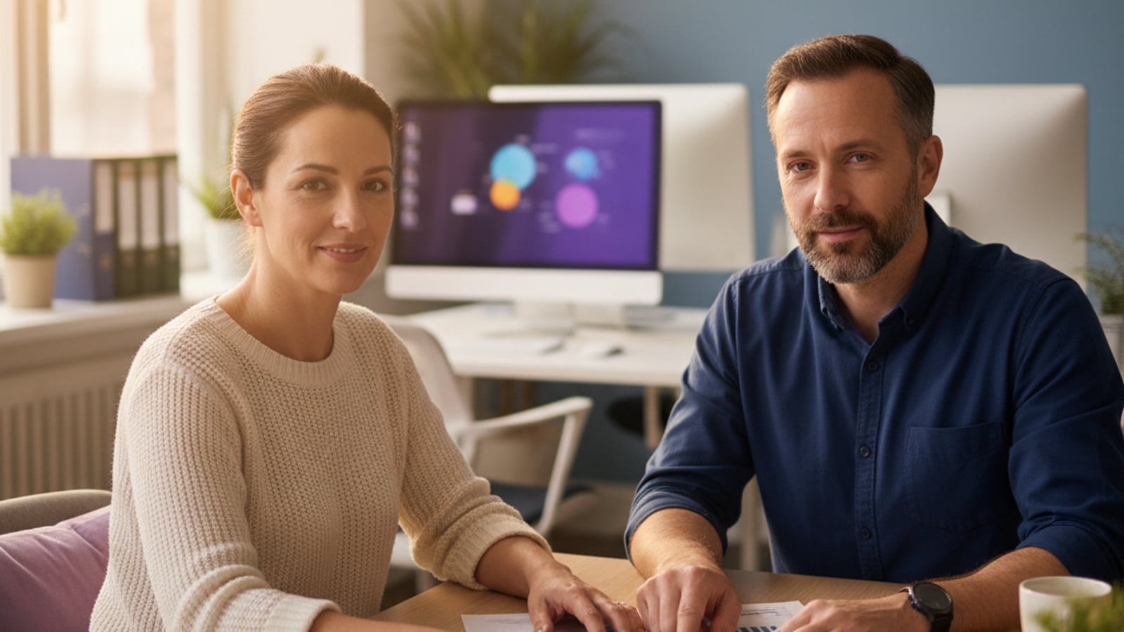A confident startup founder and lead engineer review a clear report, achieving peace of mind after an architecture audit for telehealth SaaS.