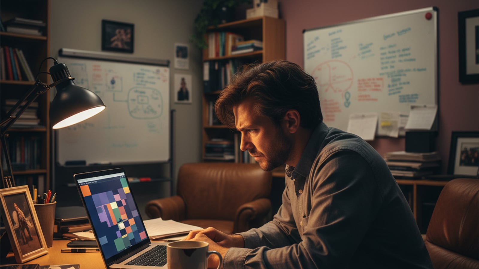 Frustrated founder in dark office, staring at laptop with abstract errors. Silent no-code failures require custom code.