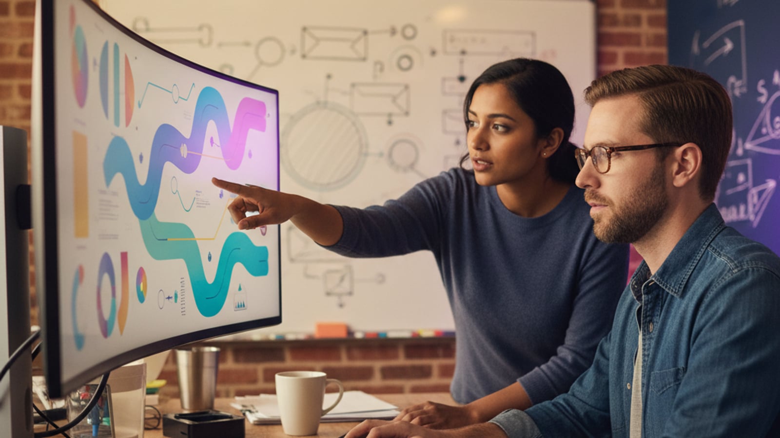Two engineers collaborate on code migration, analyzing abstract flow diagrams on a monitor. Migrating no-code to custom code.