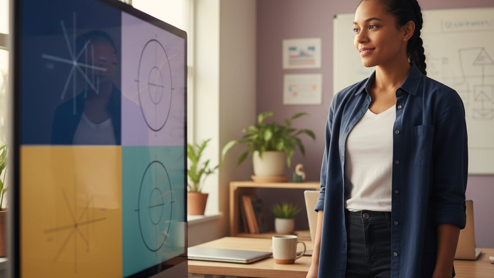 Confident CTO views a clean, color-blocked dashboard, showing stability and control from migrating no-code to custom code.