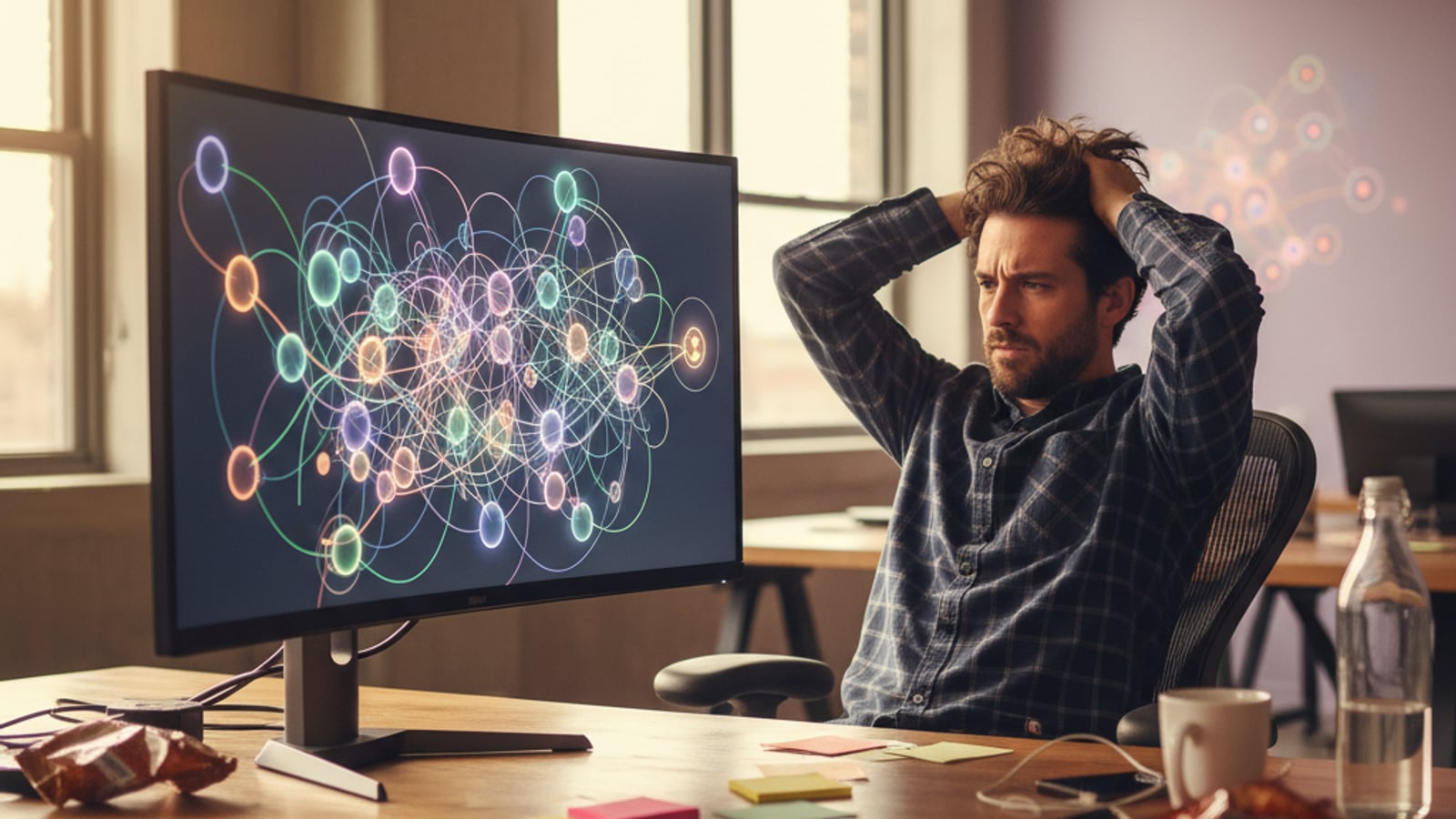 A frustrated founder stares at a dense, tangled visual workflow on a monitor, struggling to manage their AI product.