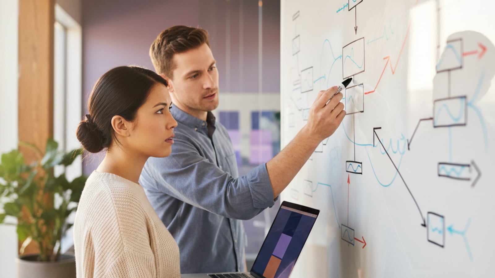 Two engineers collaborate at a whiteboard, outlining a structured system to migrate an AI product from visual builders.