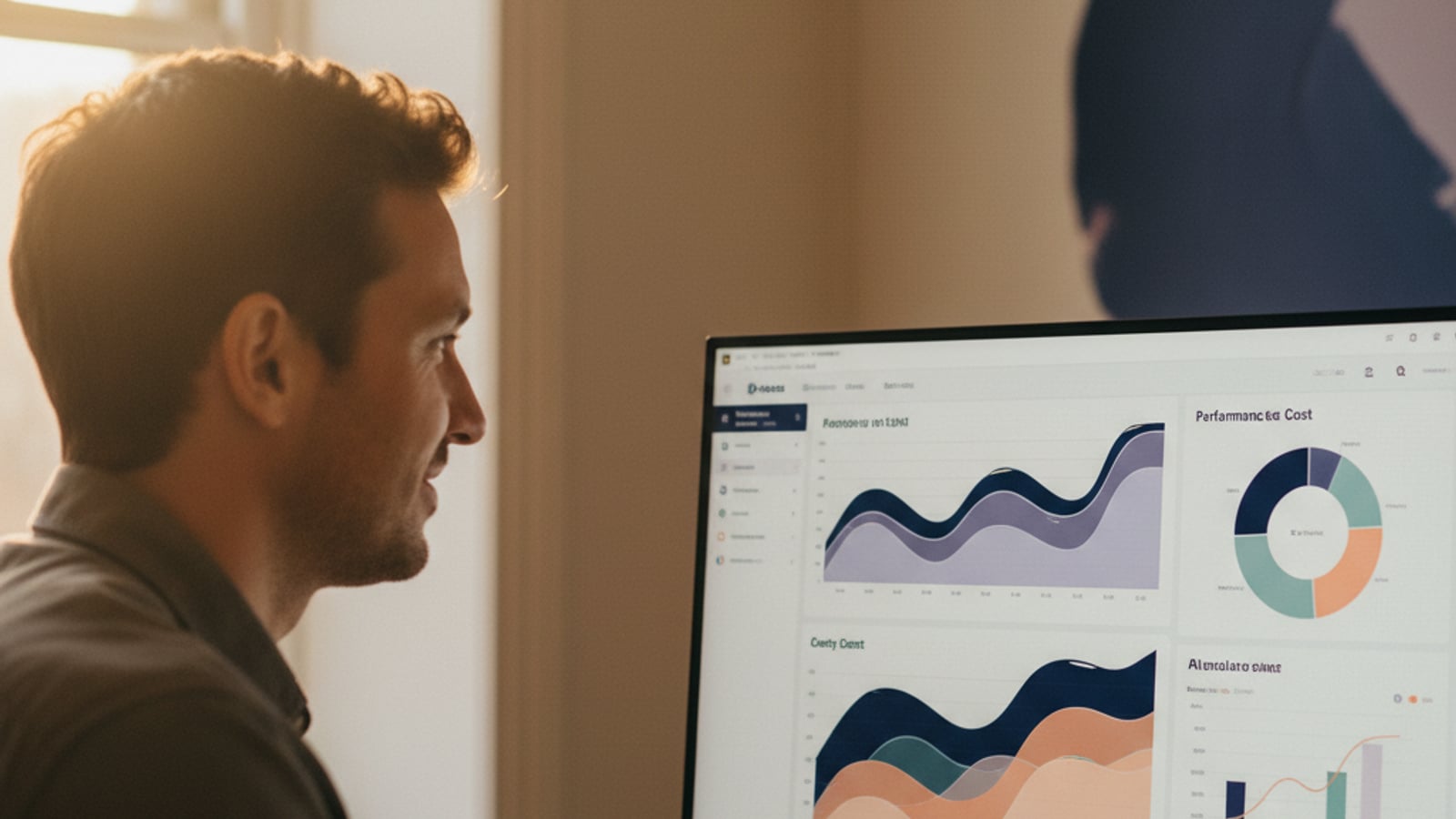A confident founder views a clean dashboard with clear metrics for their AI product, showing control and predictability.