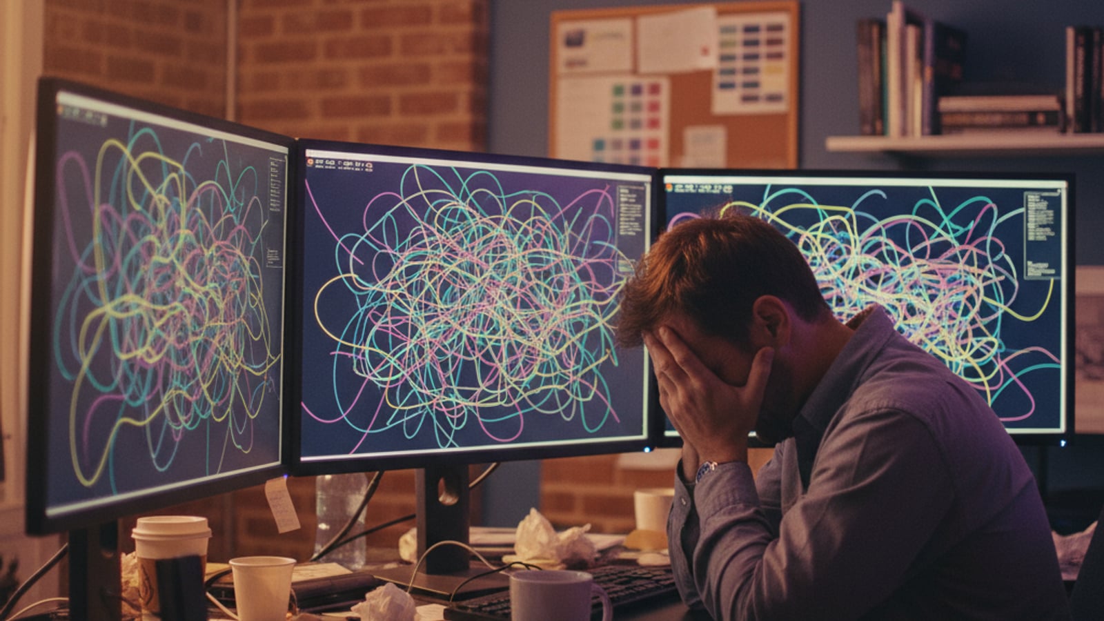 A frustrated CTO, head in hands, surrounded by monitors showing tangled workflow diagrams, struggling to migrate B2B SaaS from Zapier.