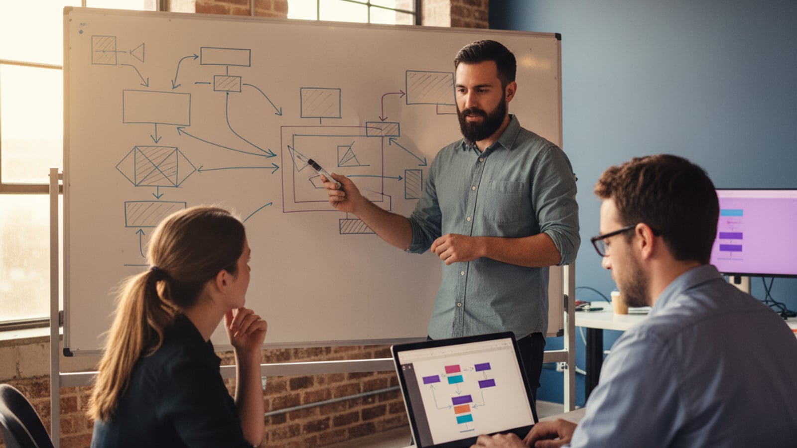 Three engineers collaborate intently, planning to migrate B2B SaaS workflows to custom code using a whiteboard and laptop.