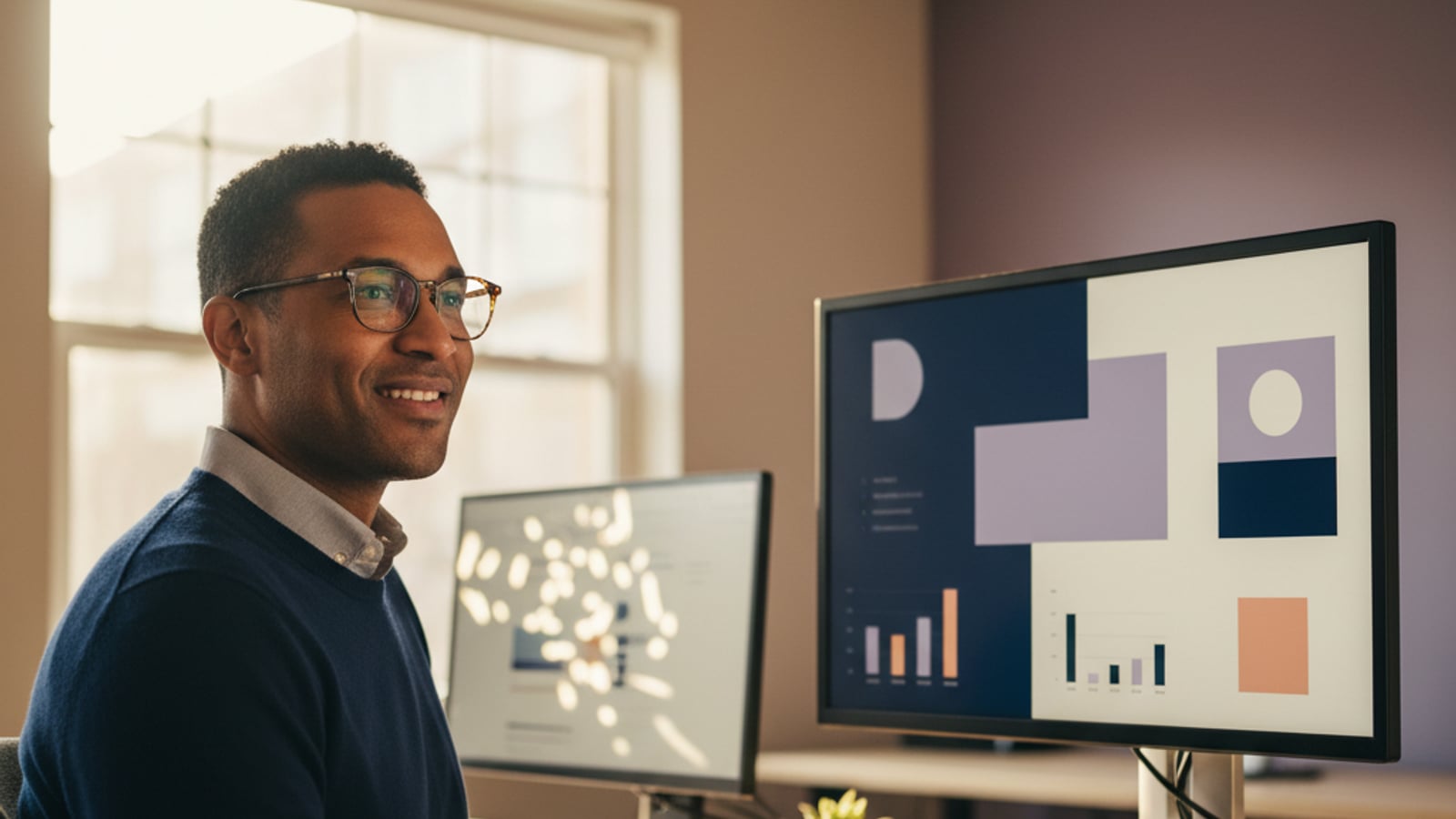 A confident CTO reviews a clean, color-coded dashboard, reflecting successful custom code workflows after migrating B2B SaaS.