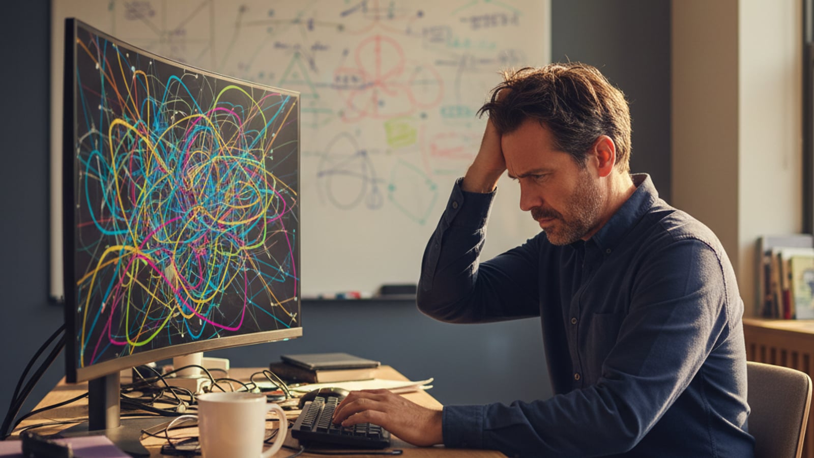 A frustrated technical founder stares at a monitor displaying chaotic, tangled abstract data visualizations, struggling to migrate a marketplace MVP from no-code to custom.