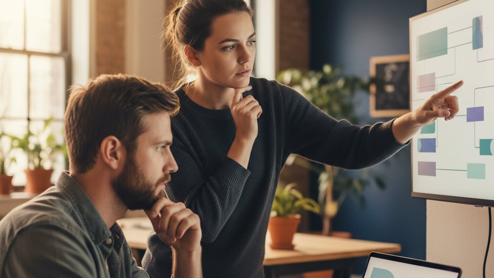 Two focused engineers collaborate, one at a laptop with abstract code, the other pointing to a clean, color-blocked schema, planning to migrate a marketplace MVP.