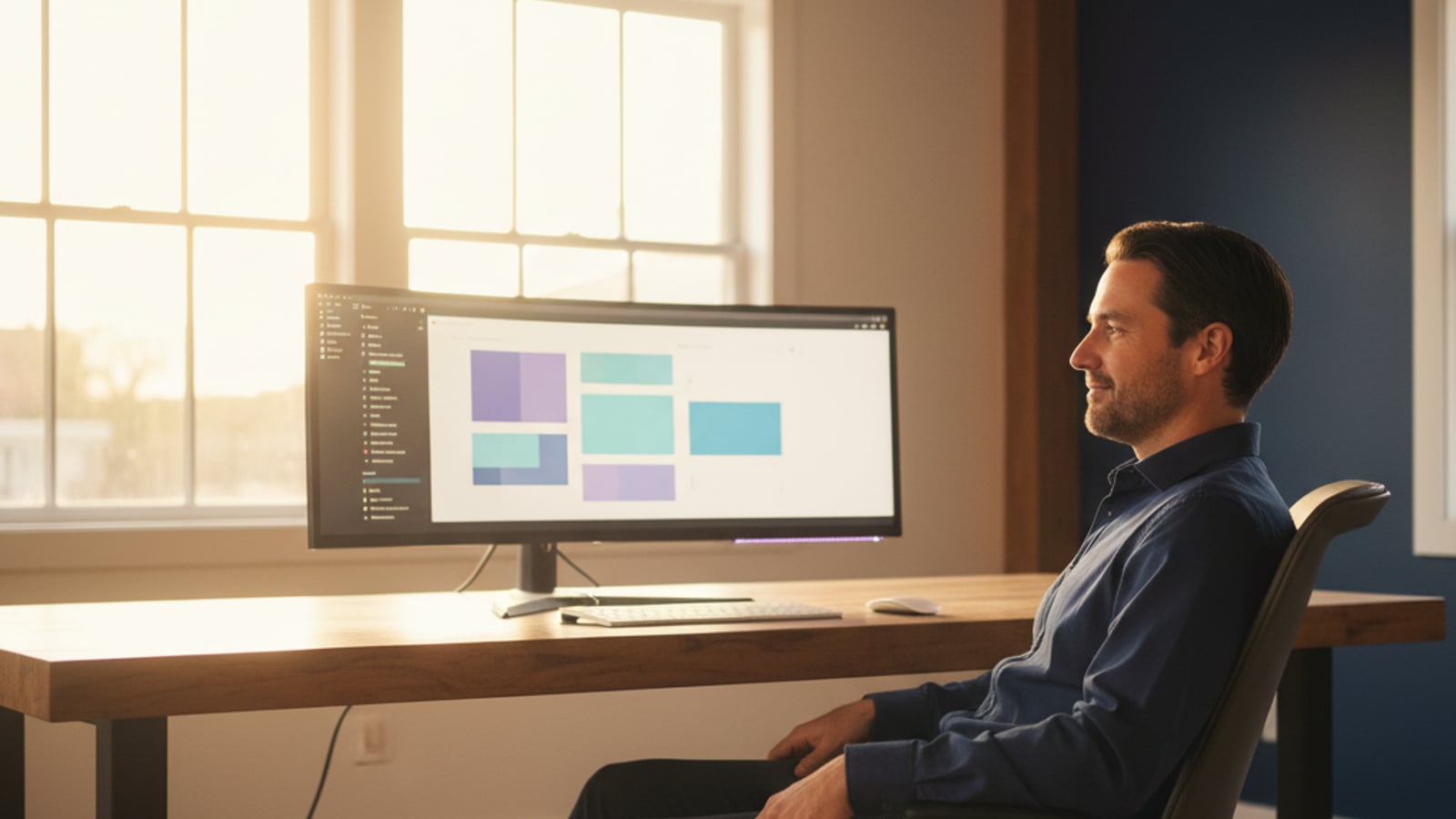 A confident technical founder smiles, viewing a clean, organized dashboard on a large monitor, reflecting a successful migration of a marketplace MVP.