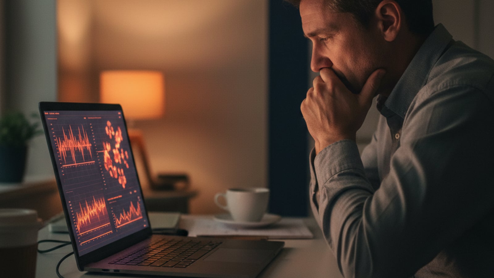 A stressed CTO looks at a laptop screen showing urgent, abstract data visualizations, reflecting a critical multi-tenant SaaS architecture problem.