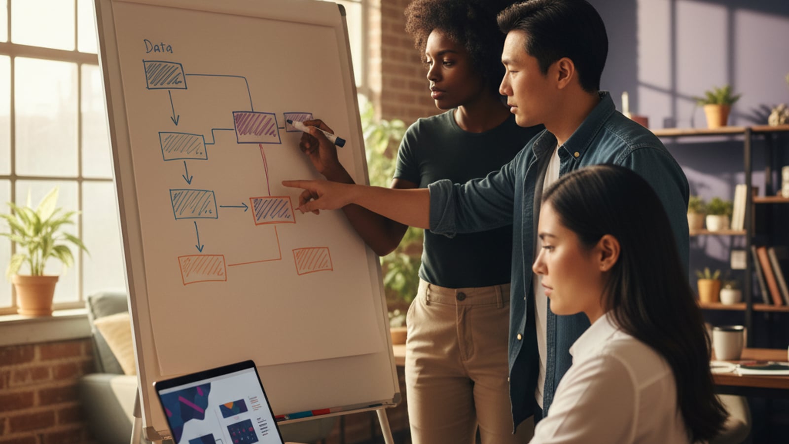 Engineers collaborate around a whiteboard with abstract data flow diagrams, building a robust multi-tenant SaaS architecture.