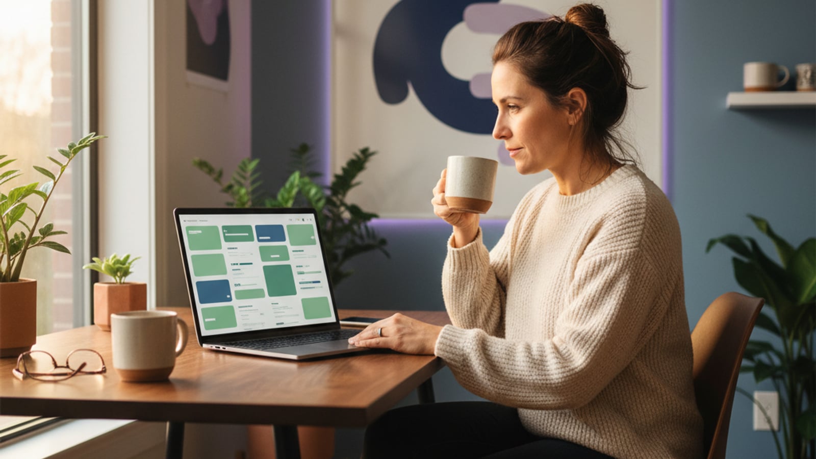 A calm founder views a clean, organized dashboard on a laptop, reflecting the success of a secure multi-tenant SaaS architecture.