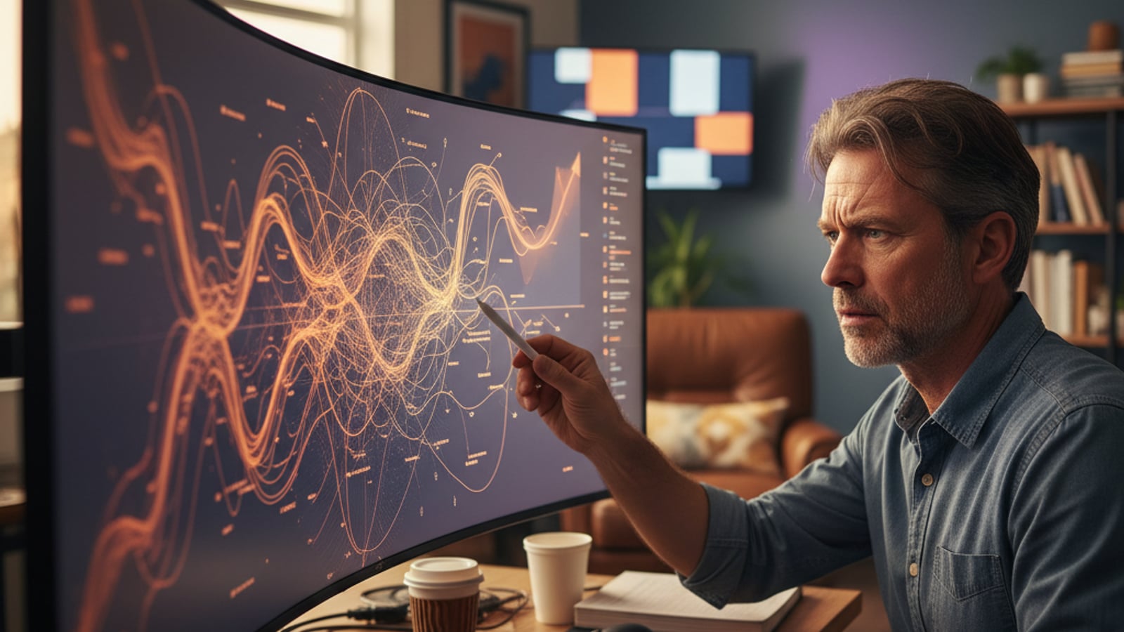 A concerned CTO reviews a complex, abstract data visualization on a large screen, highlighting risks in multi-tenant architecture for AI SaaS.