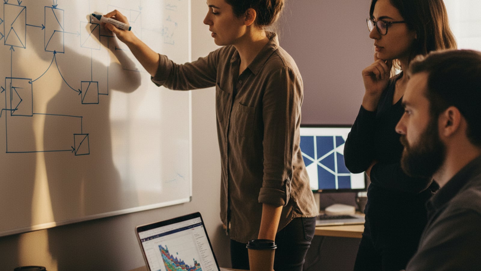 Engineers collaborate around a whiteboard, sketching abstract diagrams to design a secure multi-tenant architecture for AI SaaS.