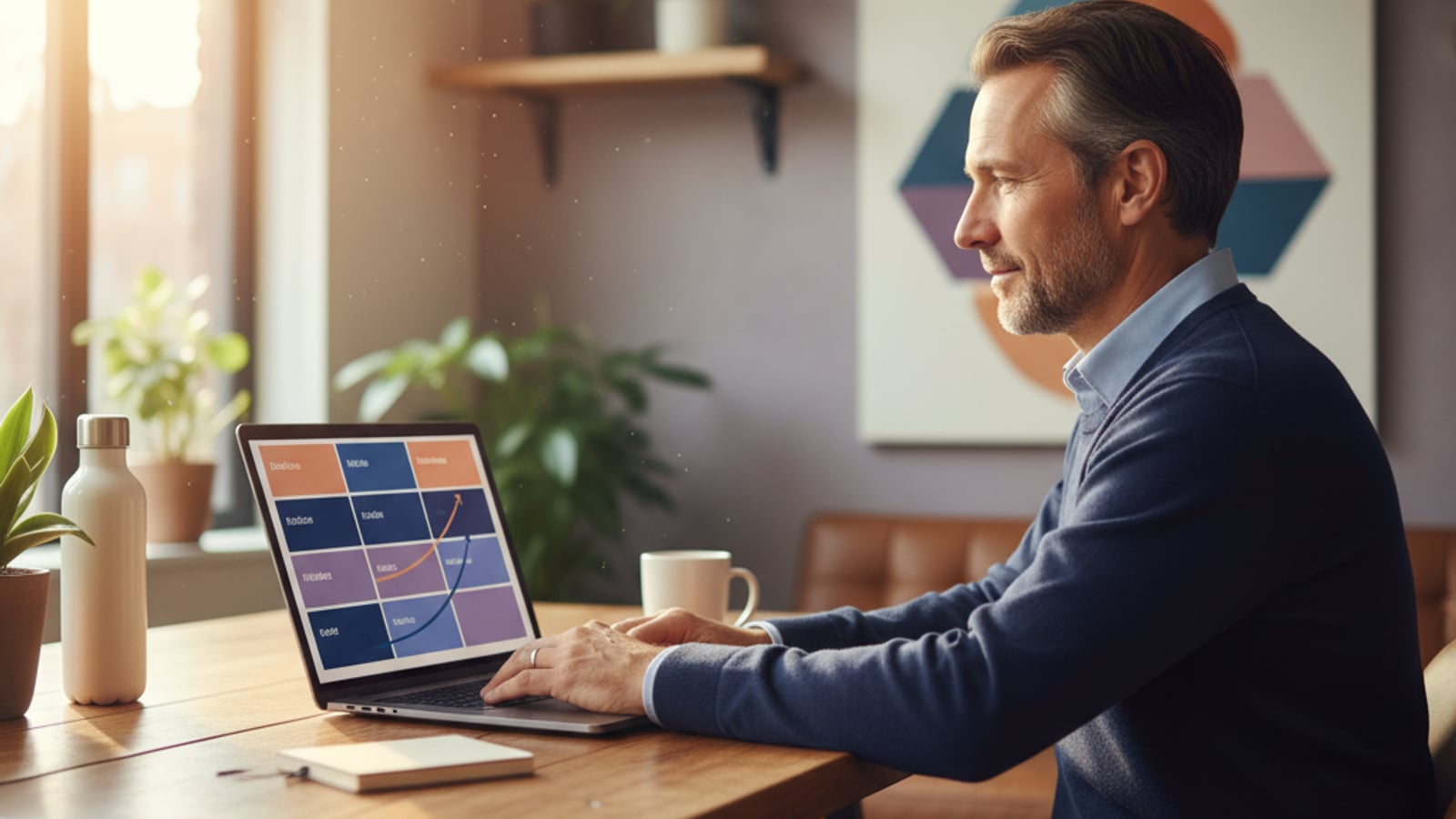 A confident founder sips coffee, reviewing a clean, color-blocked dashboard on a laptop, reflecting stable multi-tenant architecture for AI SaaS.
