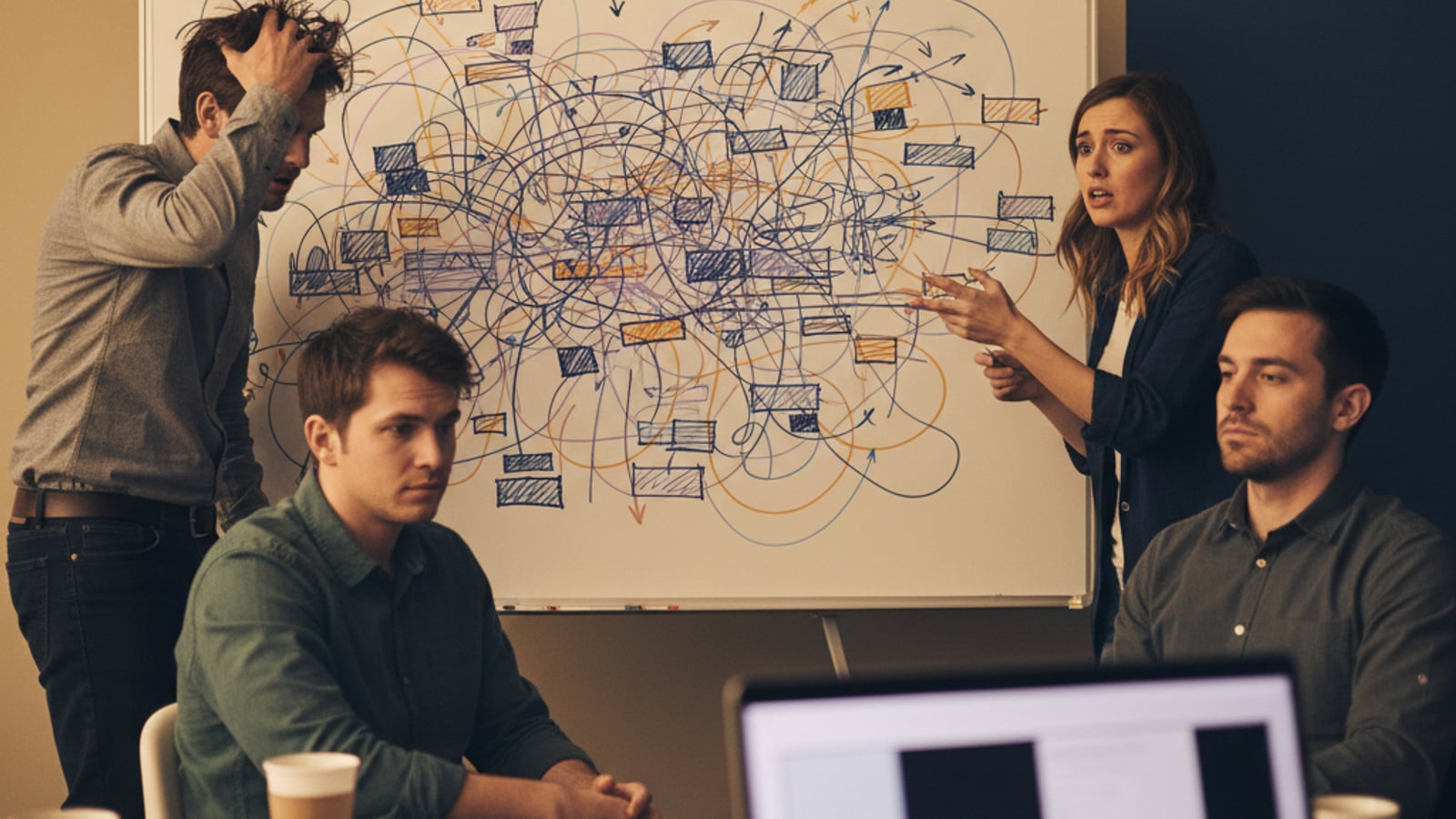 Frustrated startup engineers grapple with a chaotic whiteboard diagram, struggling to adapt their multi-tenant architecture for B2B SaaS.
