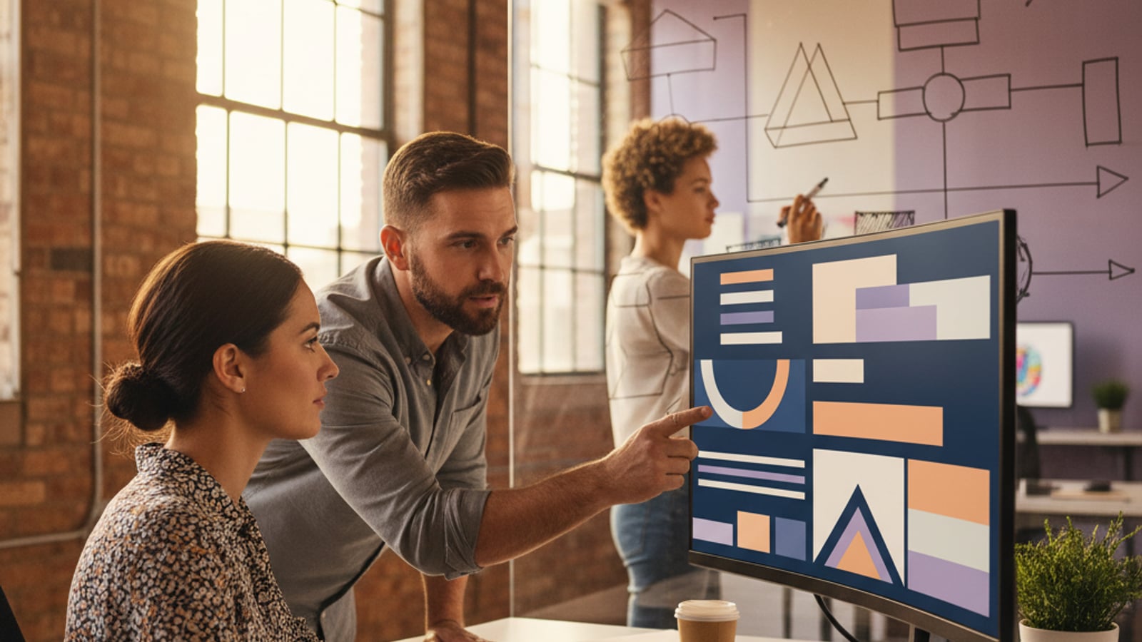 A focused team of engineers collaborates, designing a robust multi-tenant architecture for B2B SaaS on a large monitor.