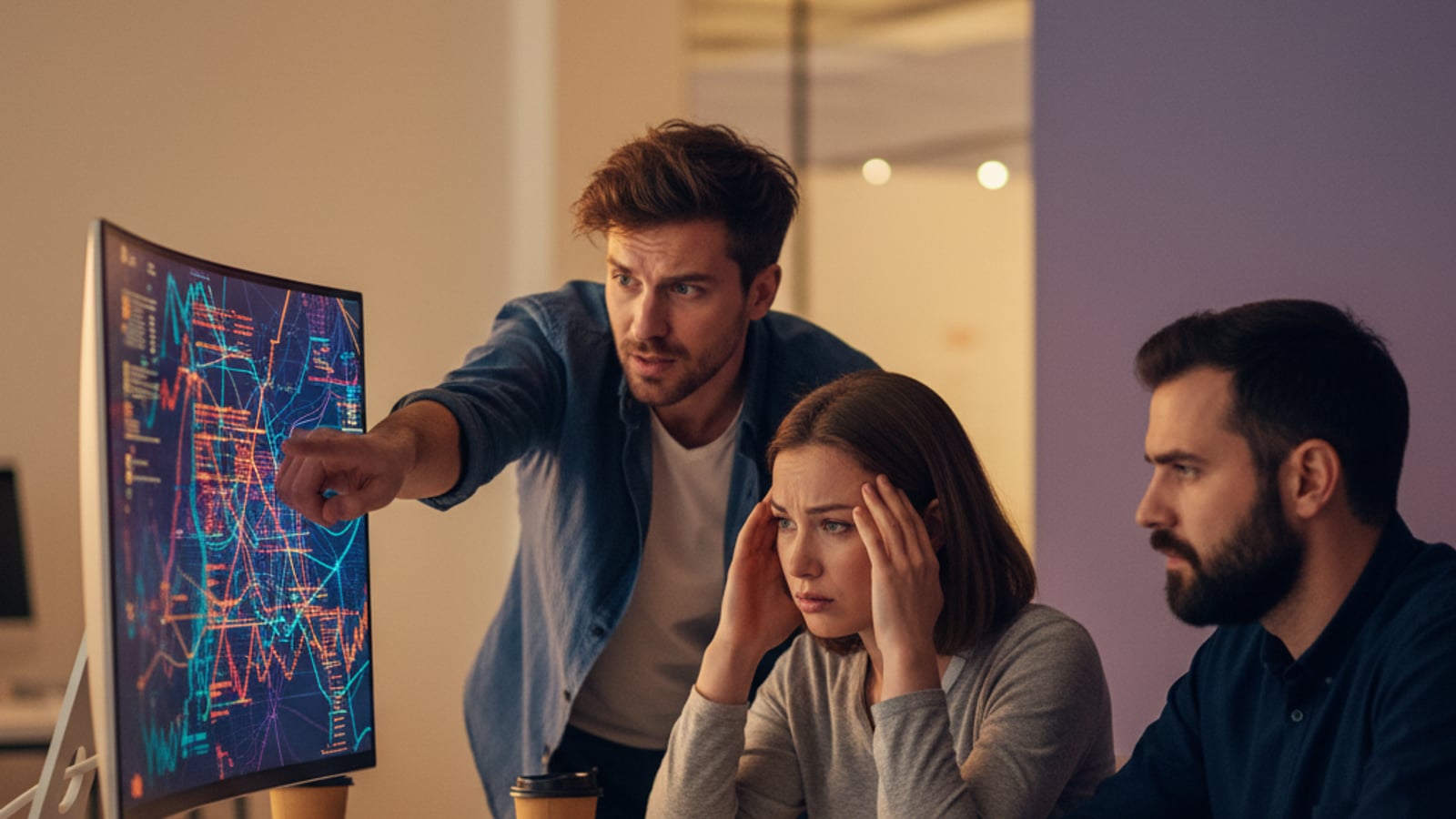Three stressed engineers huddle around a monitor displaying abstract, colorful system errors, grappling with multi-tenant architecture challenges.