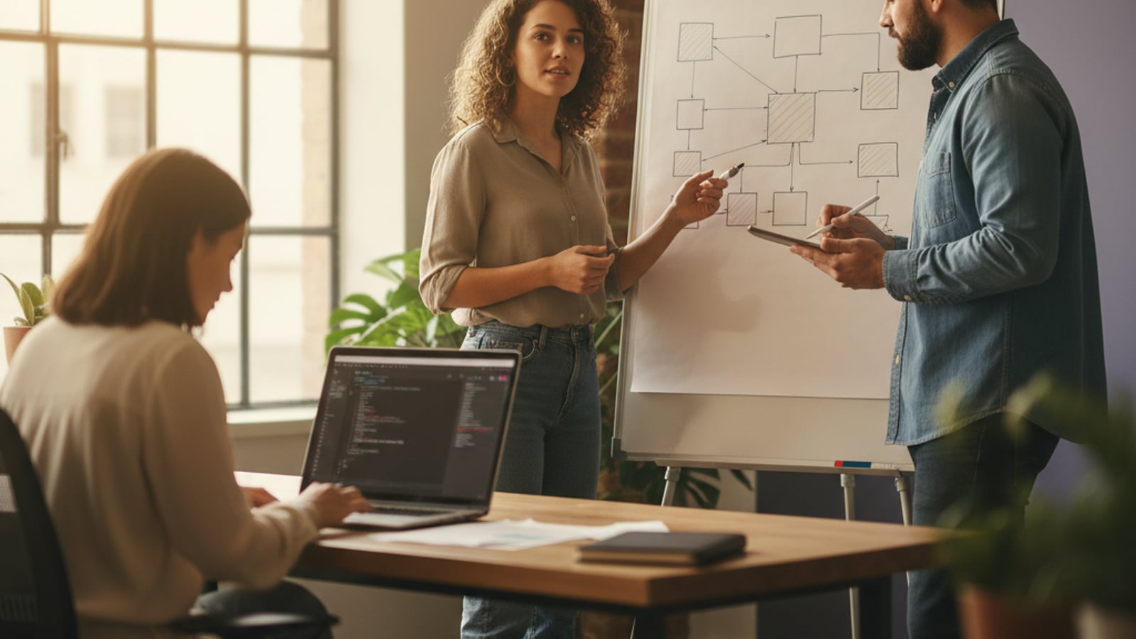 Engineers collaborate at a whiteboard with abstract diagrams, designing a robust multi-tenant architecture for creator platforms.