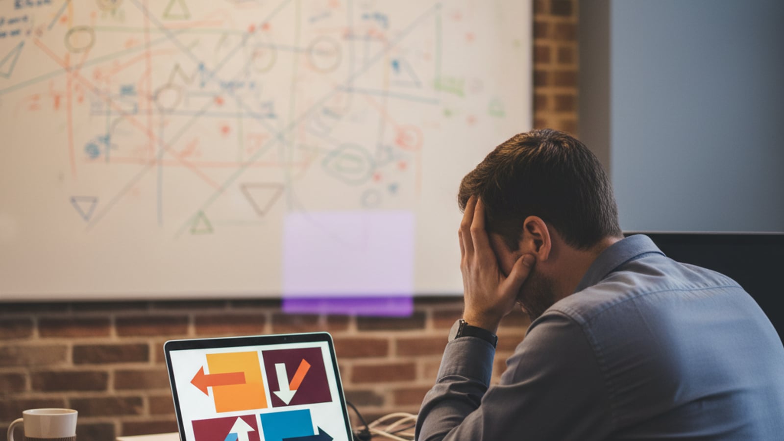 A stressed CTO at a desk, head in hands, looking at a laptop with abstract charts, reflecting multi-tenant architecture challenges.