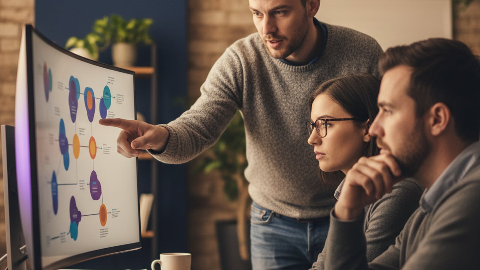 Engineers collaborate around a monitor, pointing at abstract data flow diagrams, designing multi-tenant architecture for marketplace platforms.