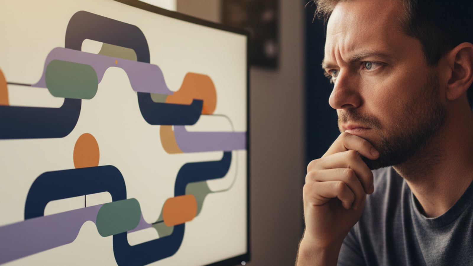 A worried technical founder studies a complex, colorful architectural diagram on a monitor, reflecting challenges in multi-tenant architecture for telehealth SaaS.