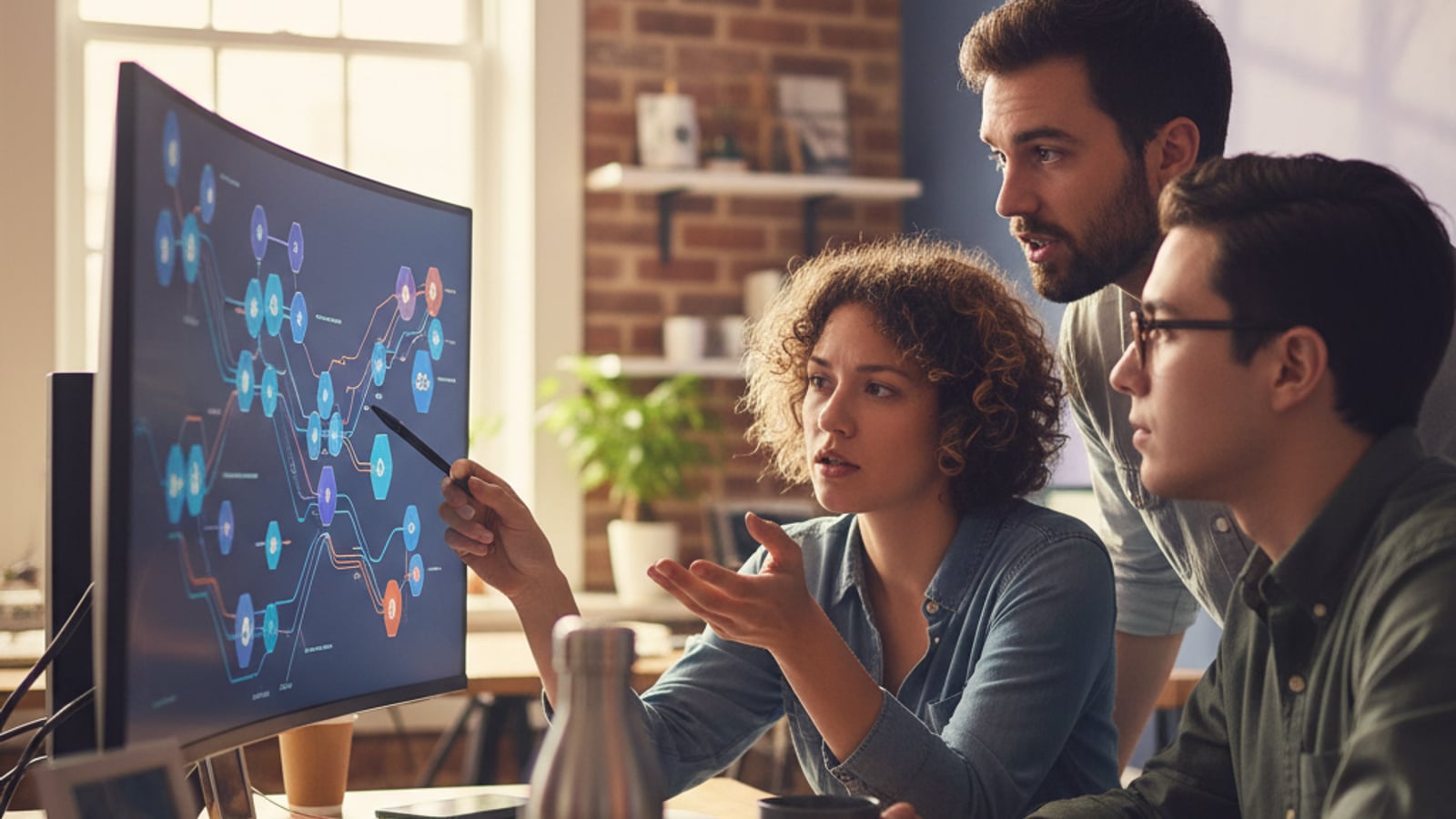 Three engineers collaborate intensely, reviewing a colorful abstract data flow diagram on a large monitor, designing secure multi-tenant architecture for telehealth SaaS.