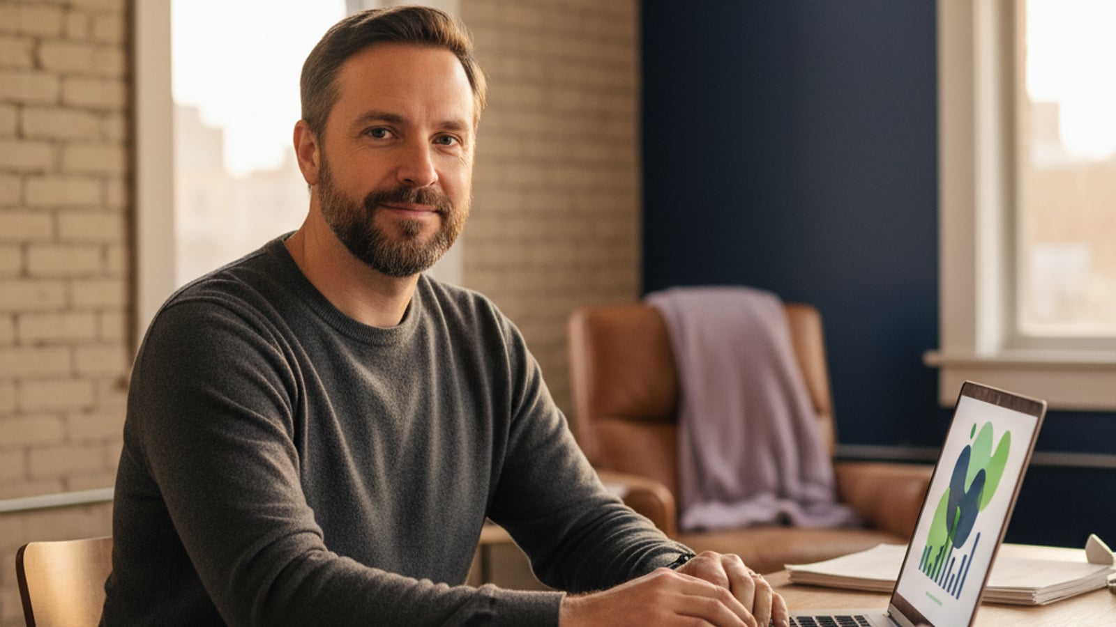 A calm CTO confidently reviews a clean, color-blocked dashboard on a laptop, reflecting the secure and efficient multi-tenant architecture for telehealth.