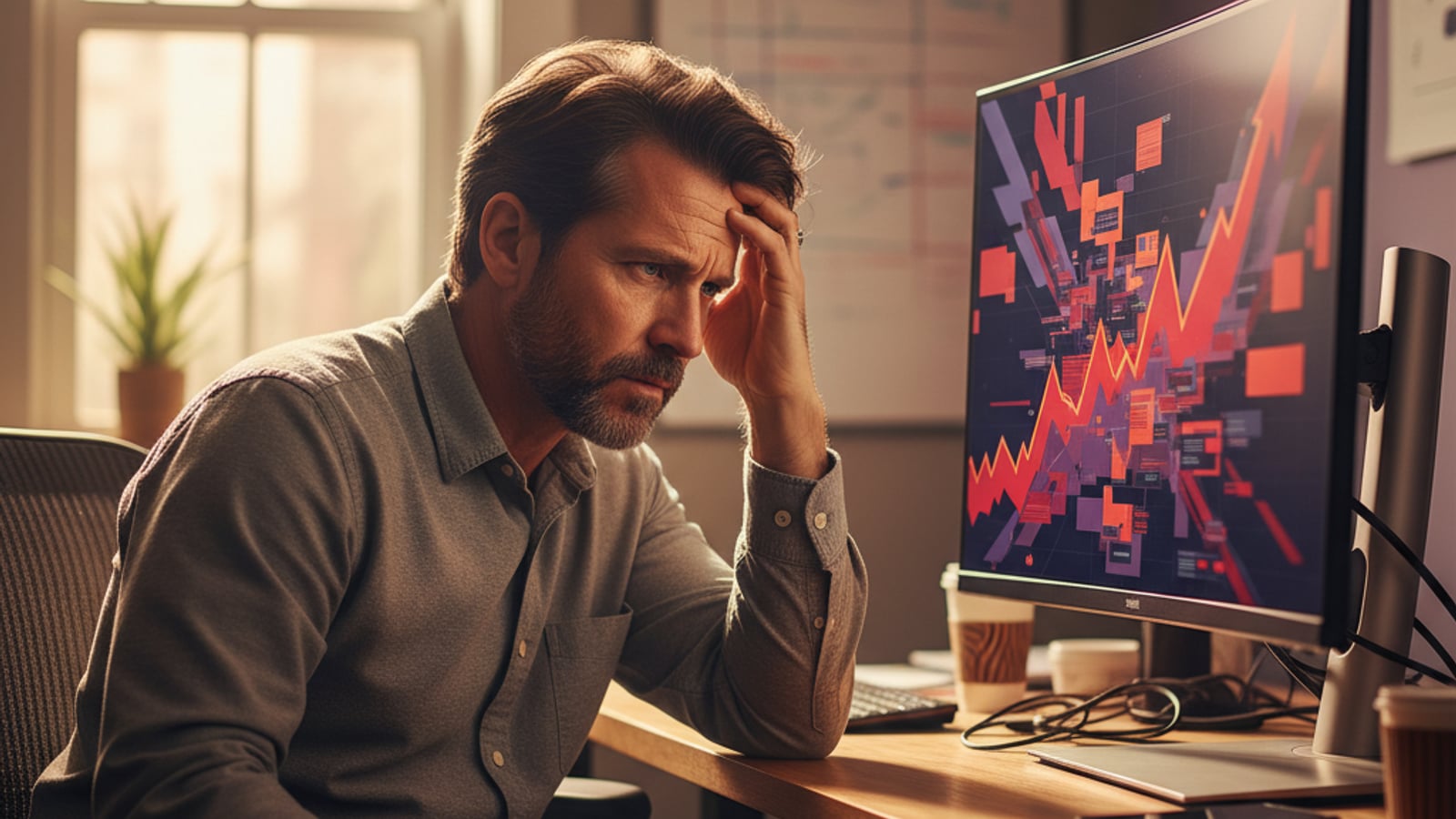 A concerned CTO studies abstract, color-blocked data on a large monitor, grappling with critical production RAG and LLM agent engineering issues.
